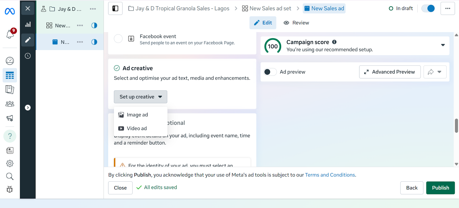 Screenshot of the ad creative setup screen in Meta Ads Manager,with the "Set up Creative" option toggled down, showing fields for image and video ads.