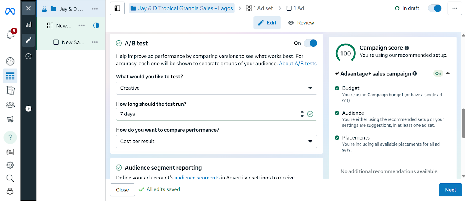 Screenshot of the A/B Testing section in Meta Ads Manager showing the three setup questions: "What would you like to test?" "How many days would you like it to run?" and "How would you like to compare performance?"
