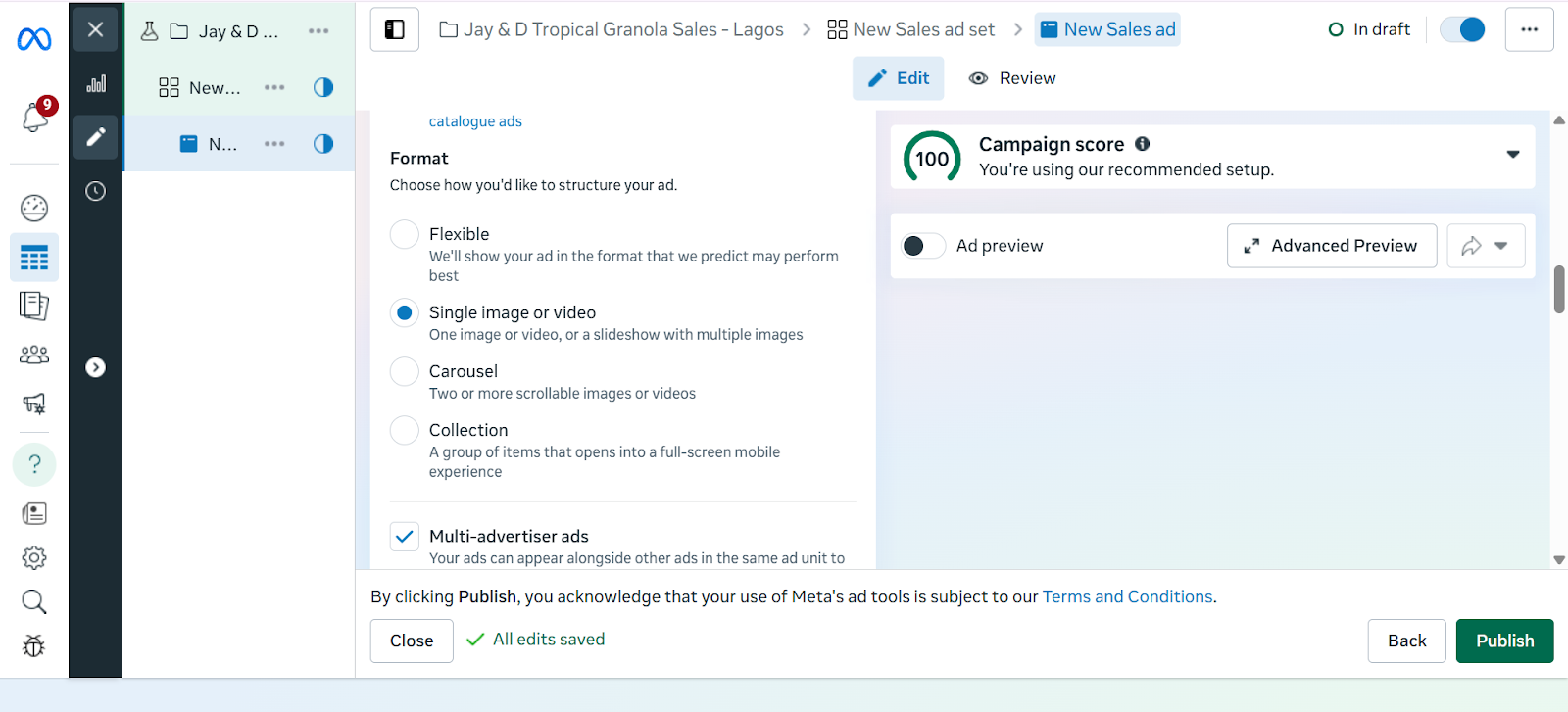 Screenshot illustrating different ad creative formats in Meta Ads Manager, including single image, video, and carousel options.