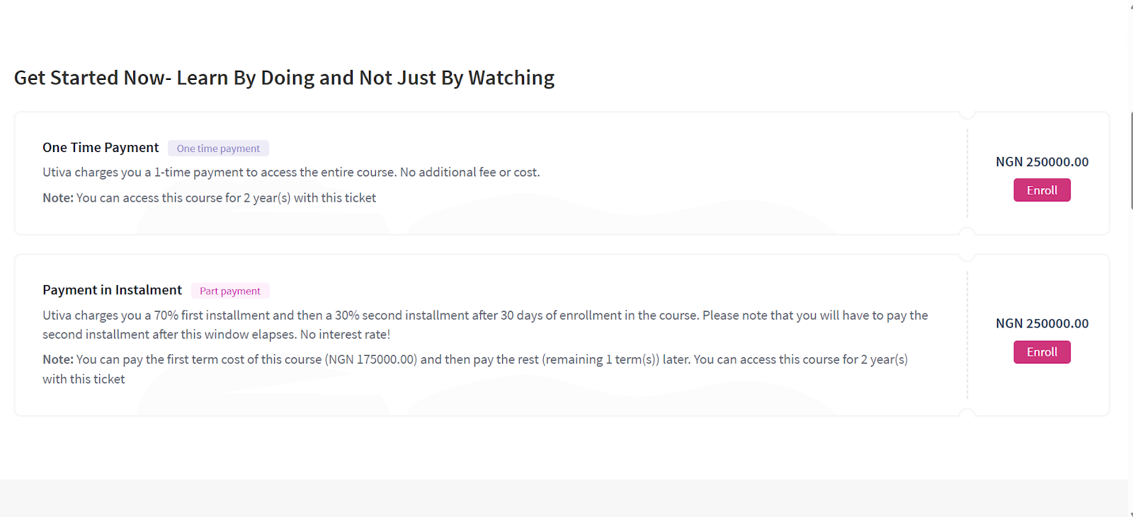 Screenshot of Utiva’s Product Marketing Online Course page, showing the course title, price, and enrollment details.