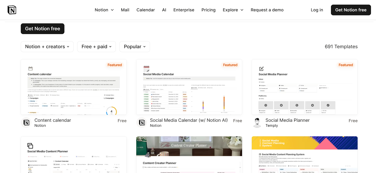 Screenshot of Content Calendar Template Gallery on Notion, showing different layout options for organizing tasks and schedules.