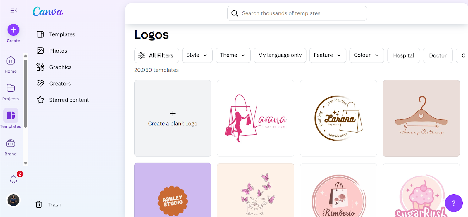 Screenshot from Canva’s template library displaying a selection of customizable logo designs.