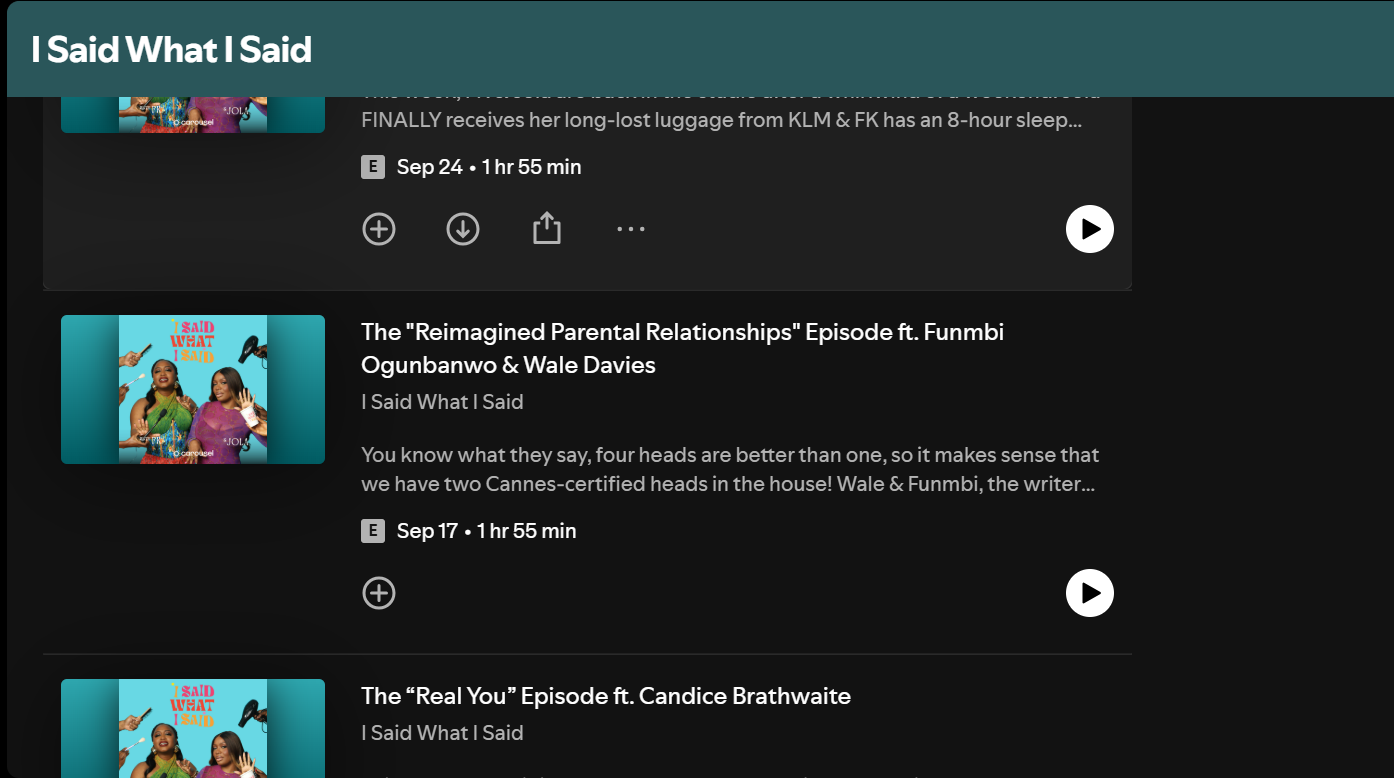 Screenshot of the Spotify interface showing the podcast “I Said What I Said” with several episodes displayed.