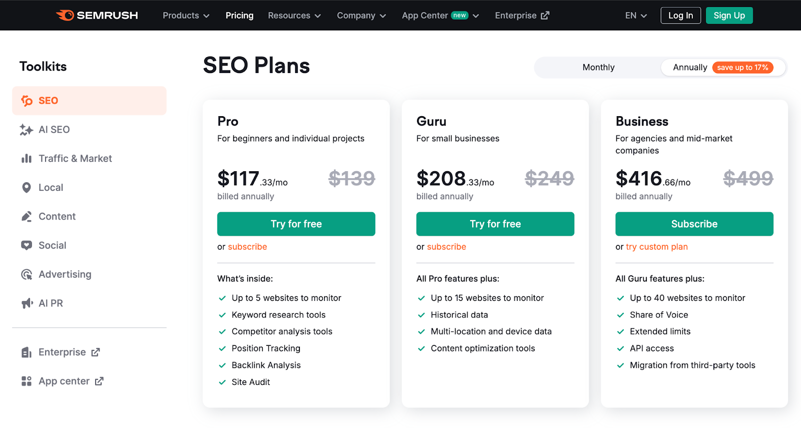 Semrush pricing page