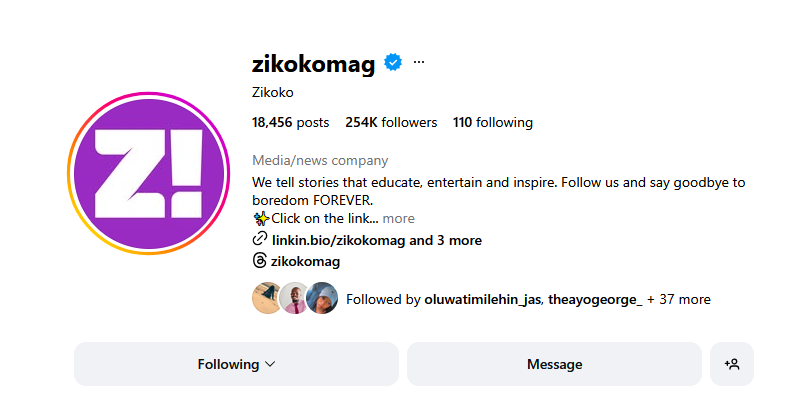 A snapshot of Zikoko's Instagram profile
