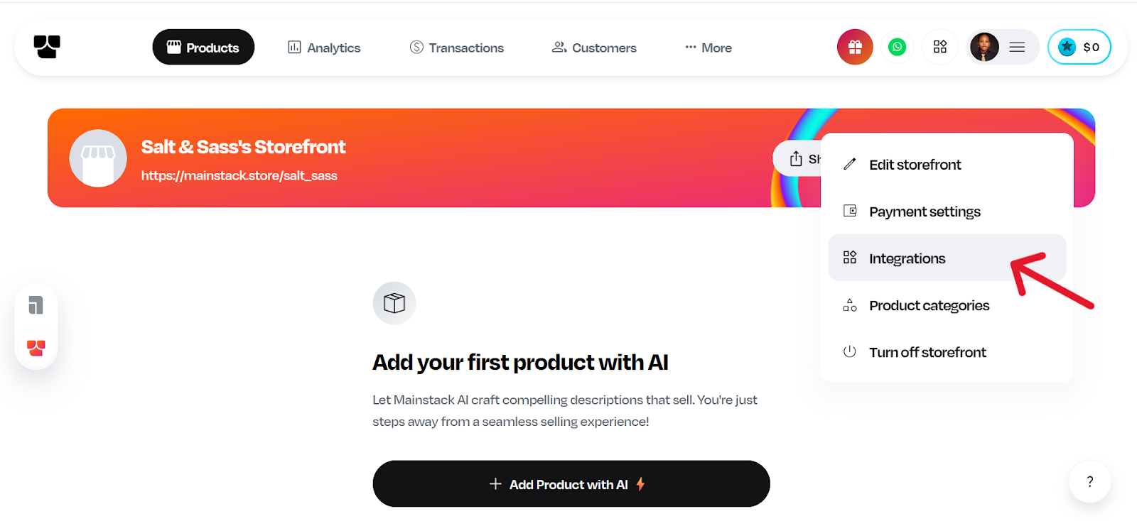 Mainstack Storefront interface with the drop-down menu expanded, and an arrow highlighting the ‘Integrations’ menu item.