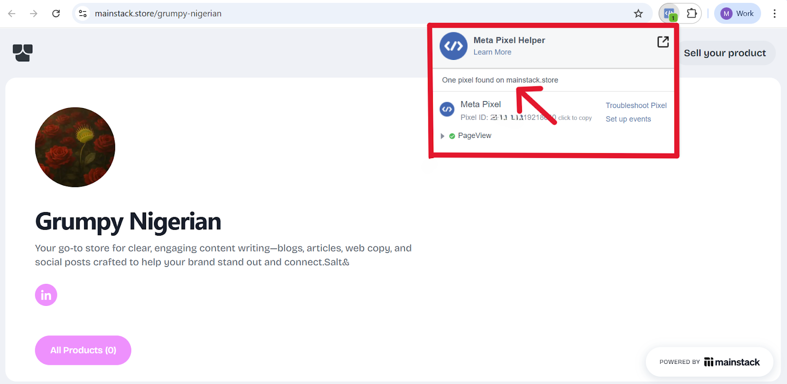 Screenshot of a Mainstack user’s storefront with the Meta Pixel Helper Chrome extension opened, displaying a message that one pixel has been found, confirming successful Meta Pixel integration.
