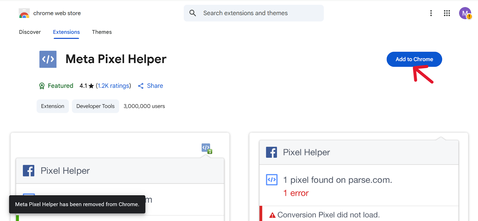 Screenshot of the Meta Pixel Helper Chrome Web Store page with an arrow pointing to the "Add to Chrome" button.