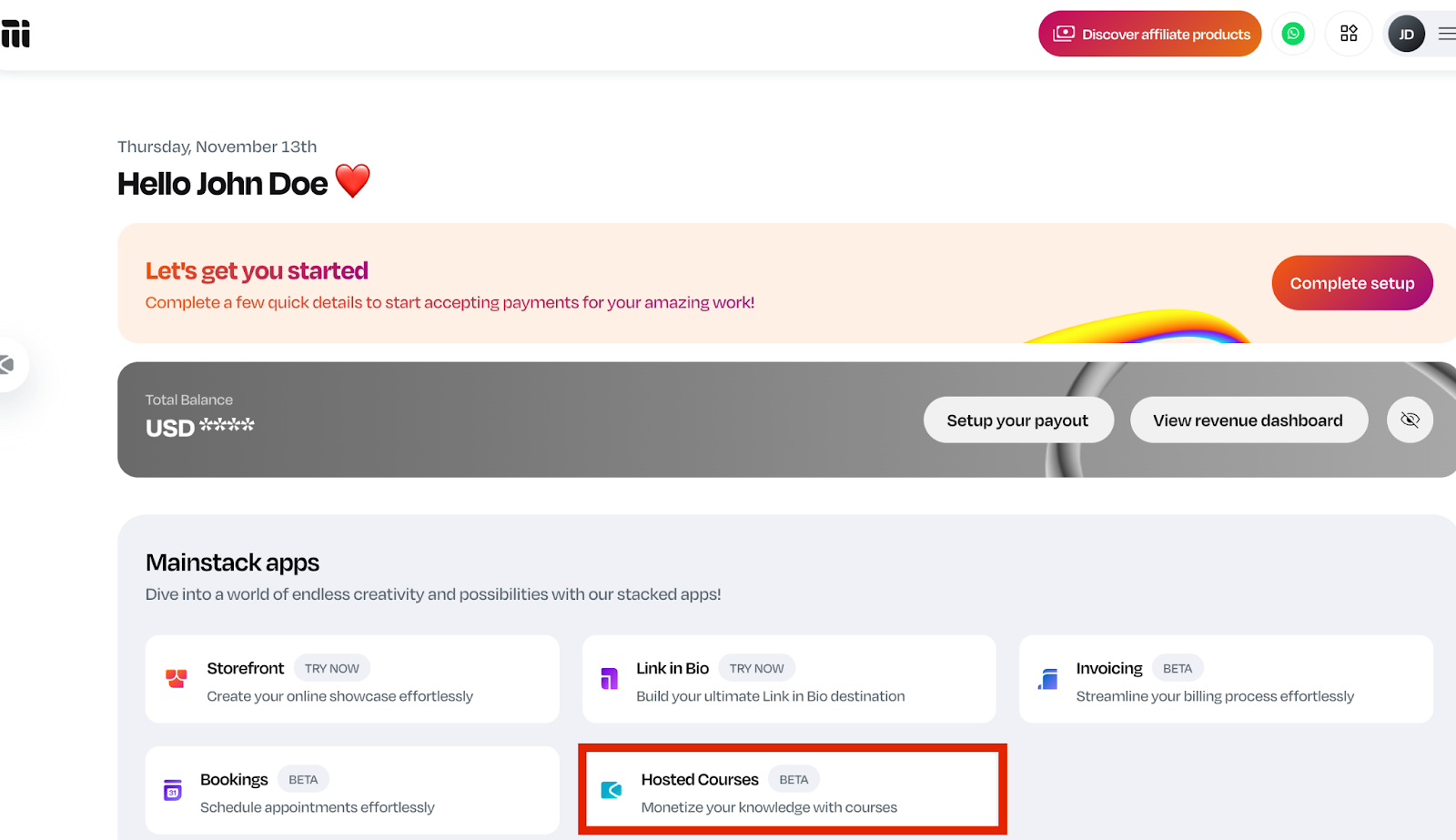 Screenshot of Mainstack dashboard, highlighting the Hosted Courses App in colour red.