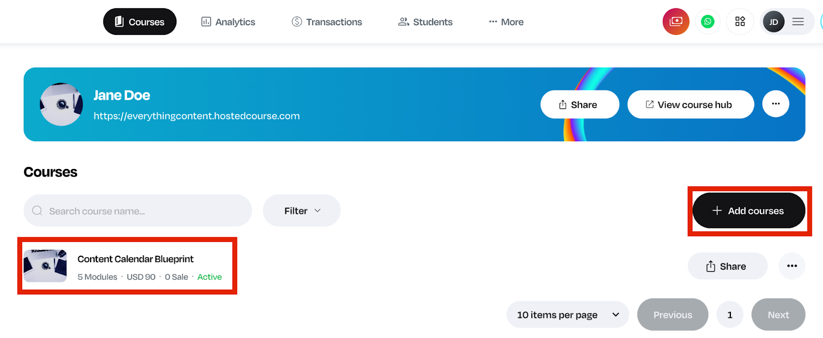Screenshot of the Hosted Courses page, highlighting a course and the "add courses" button