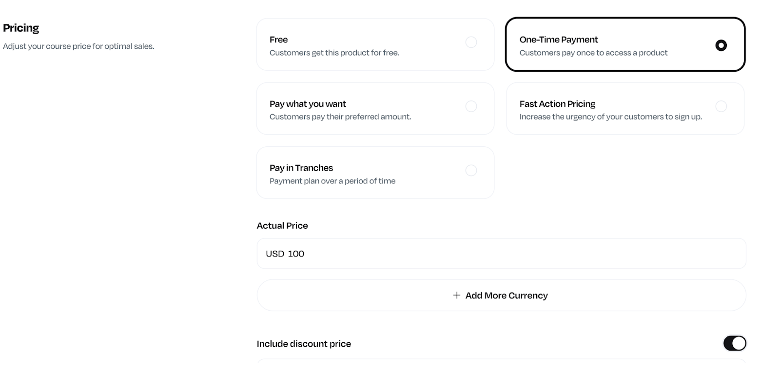 Screenshot of a Course page, showing the various pricing options.