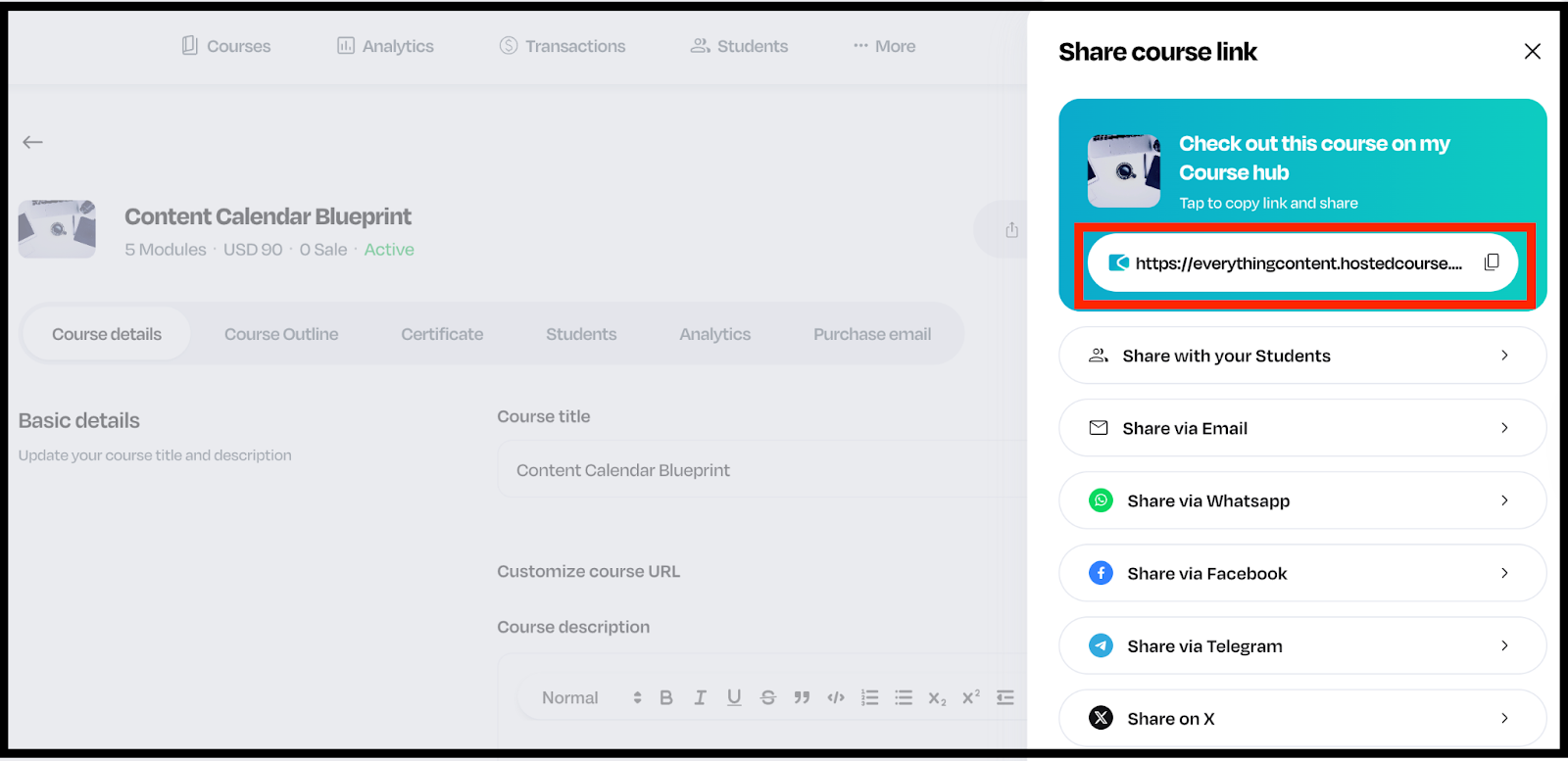 Screenshot of a Course details, highlighting the link to access the course in red
