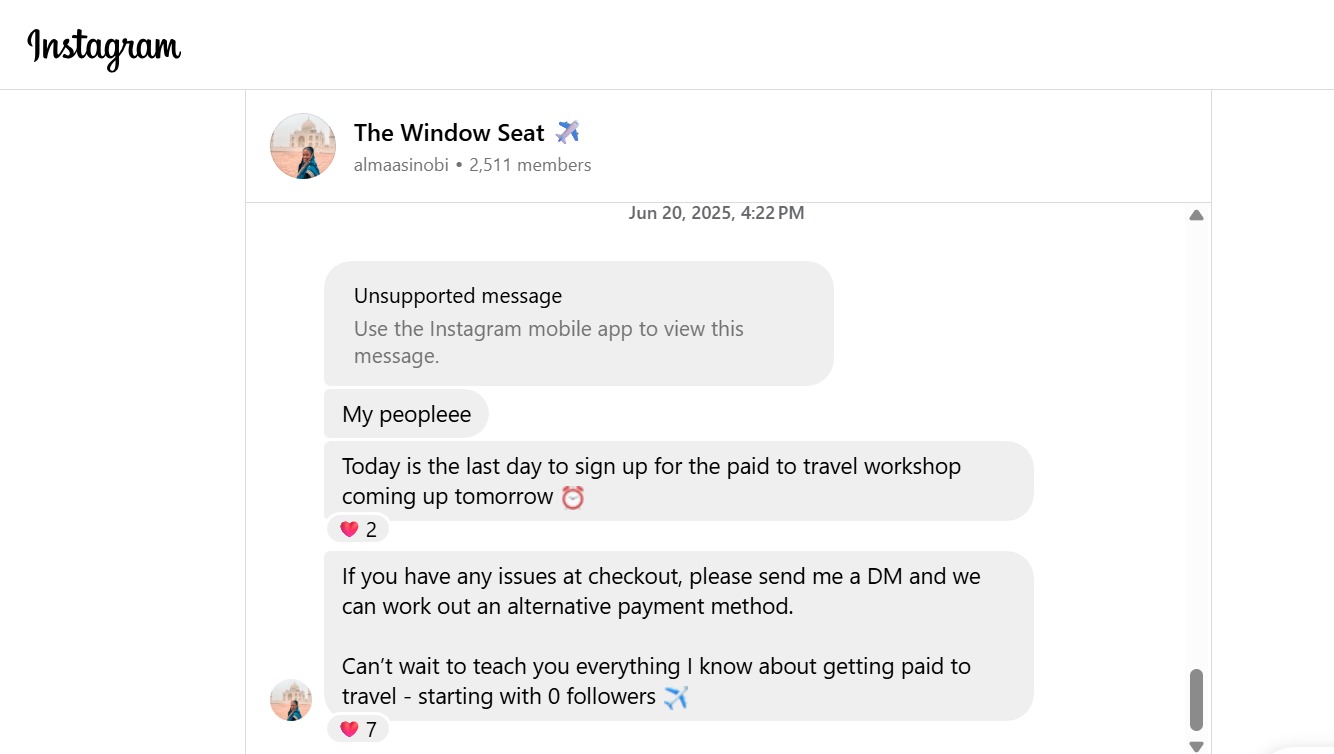 Screenshot of a preview to Alma Asinobi's Instagram Travel Community - The Window Seat.