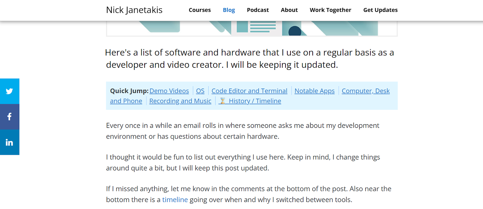 Screenshot of a blog post titled ‘The Tools I Use’ by Nick Janetakis, showing a list of recommended tools and software he personally uses for development and productivity.