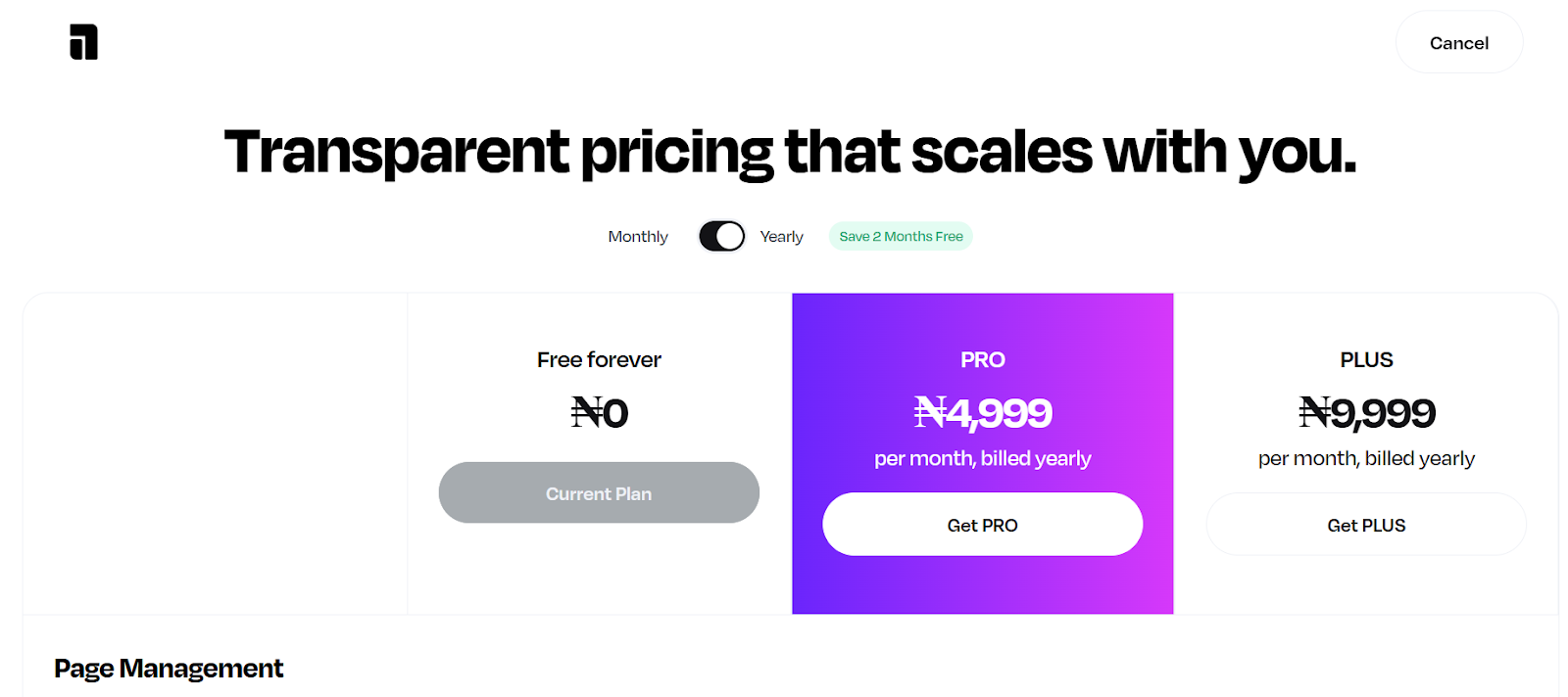 Screenshot of Mainstack’s Link-in-bio tool pricing plans showing the Free Forever, Pro, and Plus tiers, illustrating how users can start with a free plan and later upgrade to paid versions for additional features.