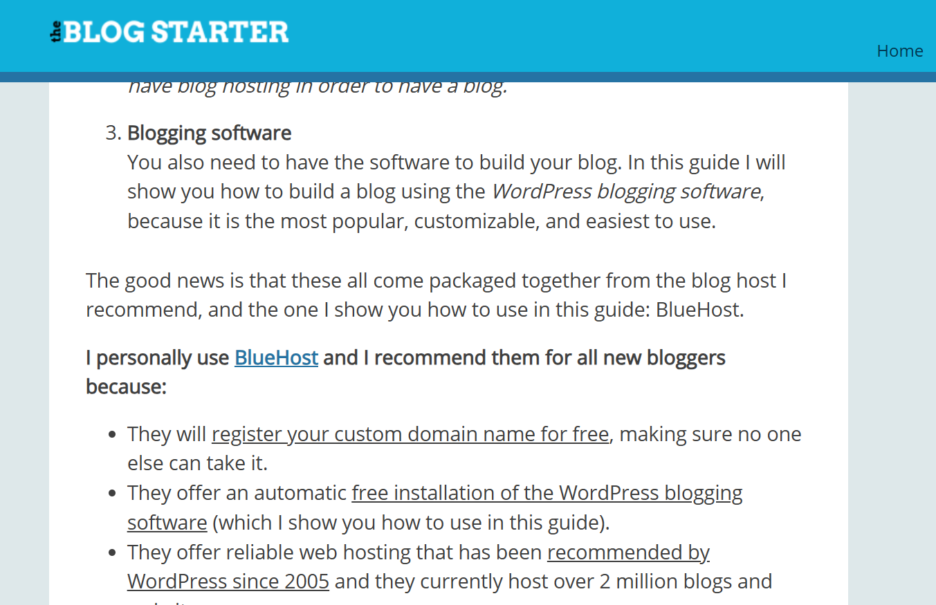 Screenshot from The Blog Starter’s ‘How to Start a Blog’ guide, where the author recommends Bluehost for new bloggers, includes a personal endorsement, and links to the hosting platform.