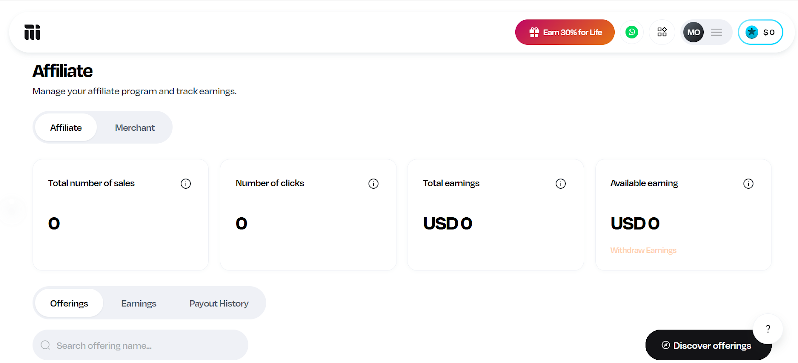 Screenshot of the Mainstack Affiliate Dashboard showing total sales, clicks, earnings, and a “Discover Offerings” tab that links to the affiliate marketplace for finding new products to promote.