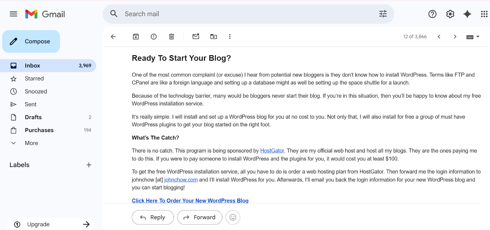 Email from John Chow offering a free WordPress setup through his HostGator affiliate link.