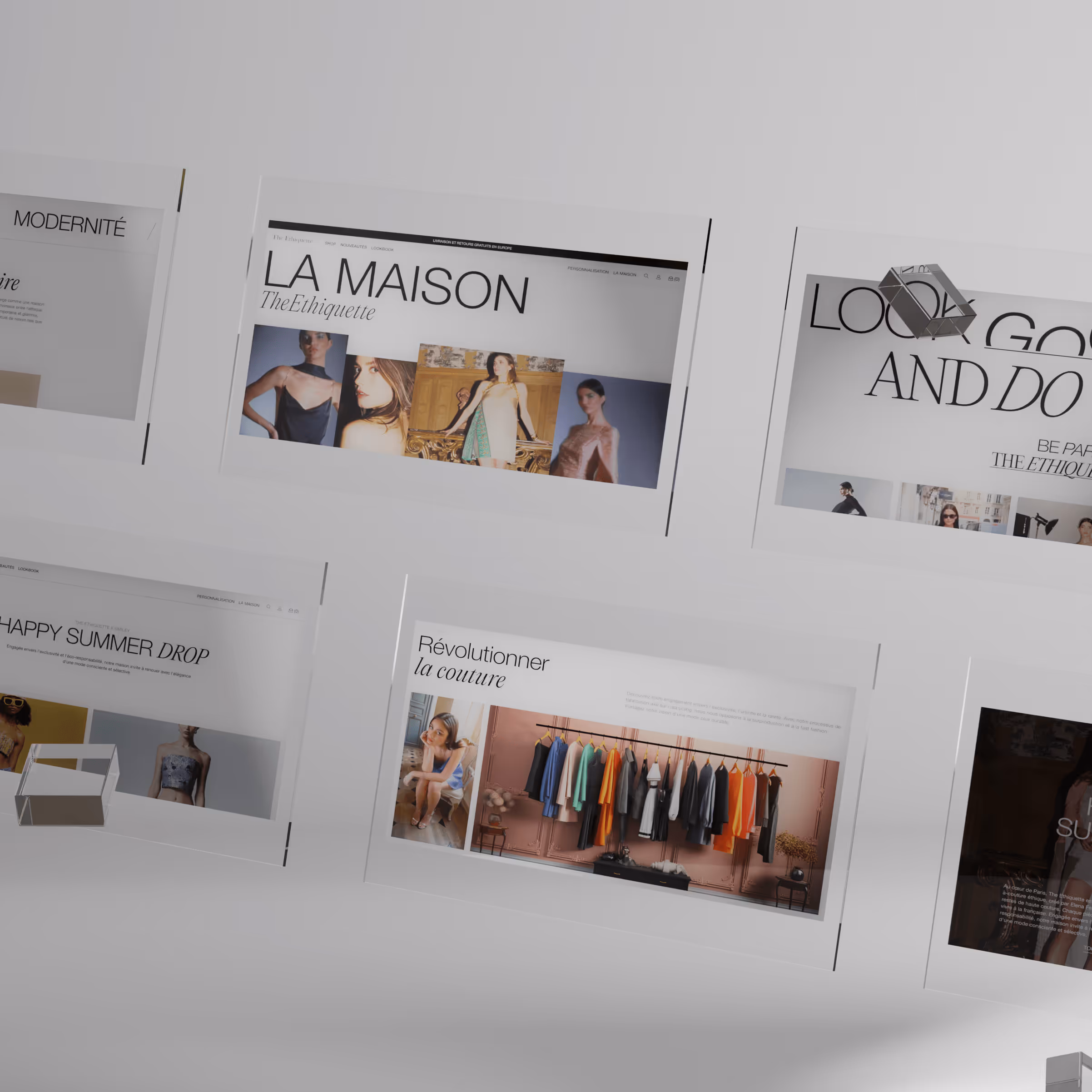 Sélection de visuels de la refonte The Ethiquette, style magazine de mode.