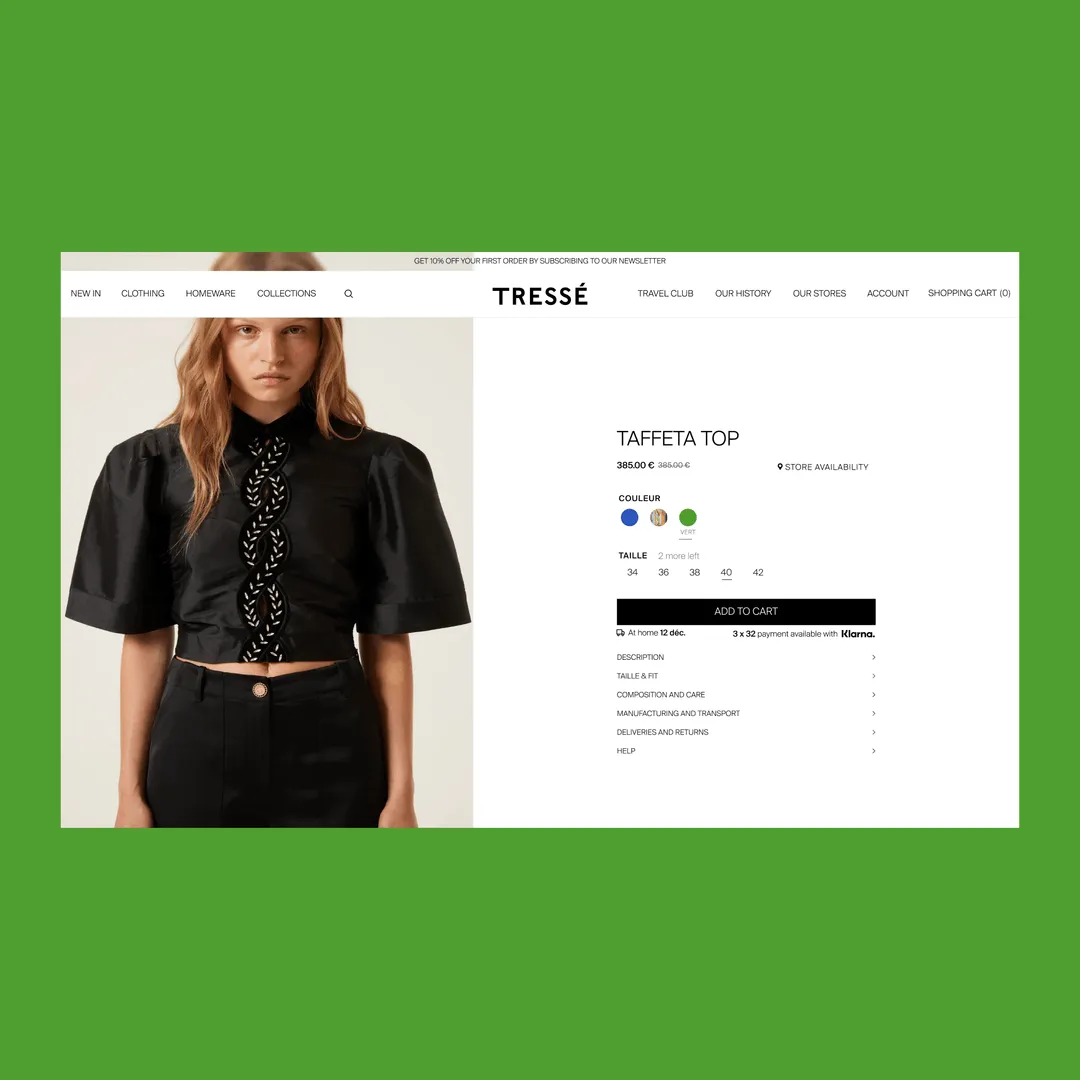 Tressé Paris — aperçu de la fiche produit sur desktop, design e-commerce éditorial et épuré.


