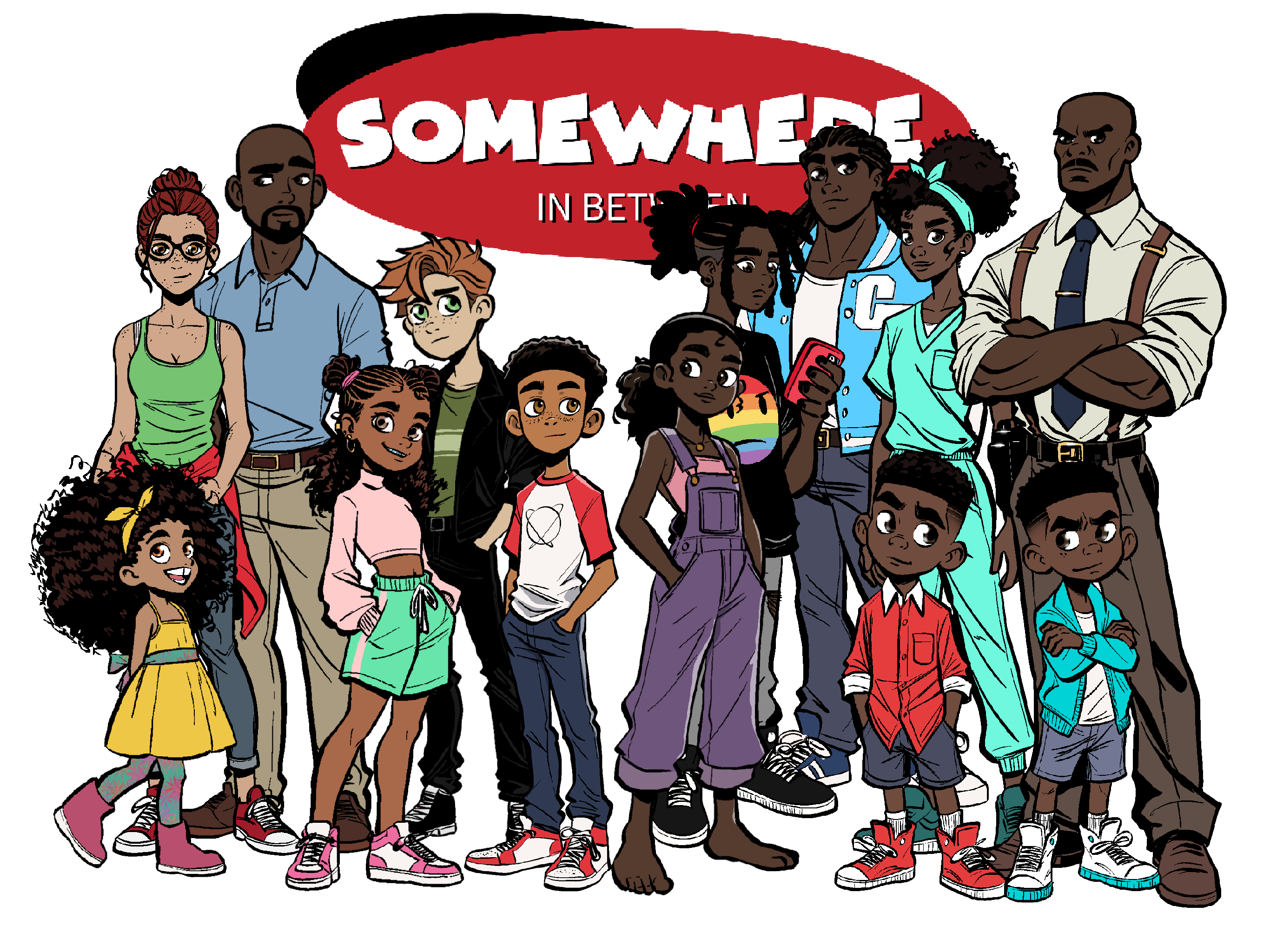 Group image of the main cast from Somewhere in Between, featuring a diverse lineup of cartoon characters of various ages, styles, and personalities. In the background is the comic’s red and black logo. The characters stand confidently together, reflecting themes of family, friendship, and individuality.