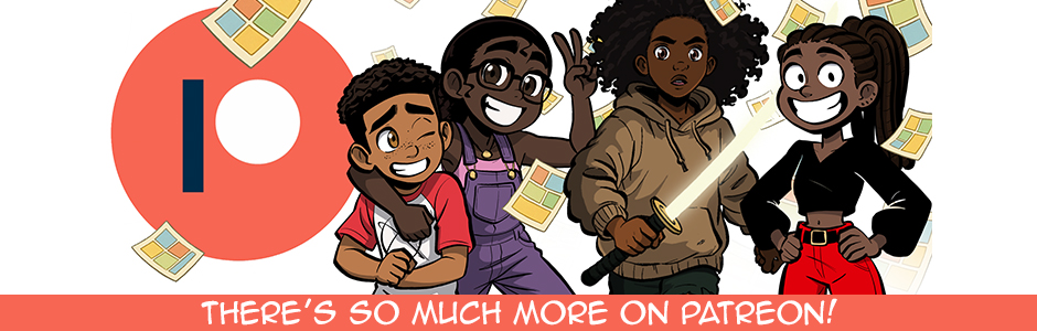 Red and white promotional banner with the text “Join the Fun on Patreon!” in bold, playful font. Below it reads “Early access! Exclusive comics & stories! Behind the scenes access and more!” On the left, two cartoon characters joyfully dance together. On the right is the red Patreon logo, indicating that fans can support and get bonus content for Somewhere in Between through Patreon.