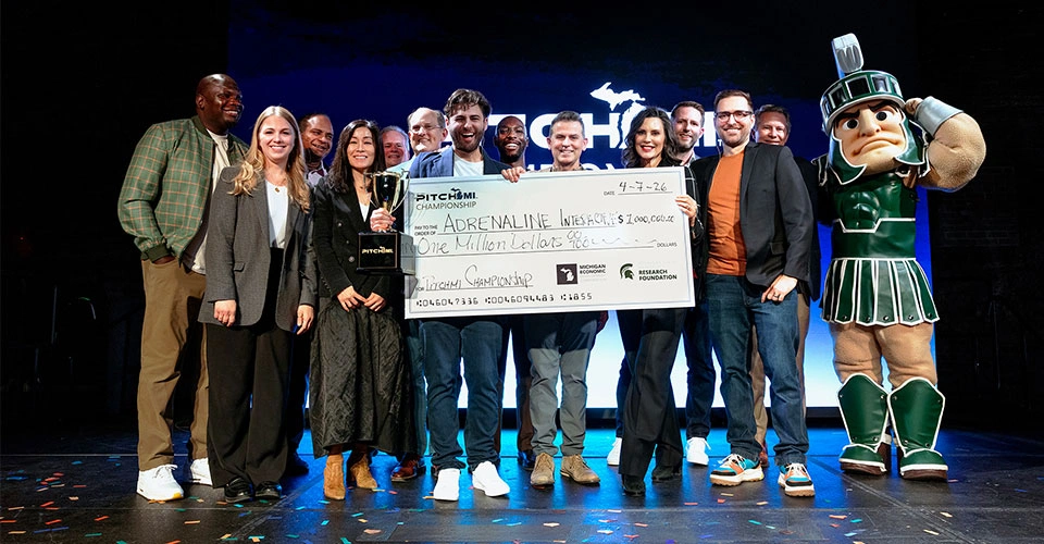Image: PitchMI winners 2026 with MSU Research Foundation Team, MEDC staff & Governor Whitmer. (MEDC Communications)