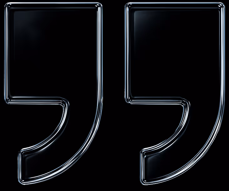 Glossy black quotation mark symbol with a reflective surface on a black background.