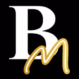 White uppercase letter B with a stylized gold letter M overlapping it on a black background.