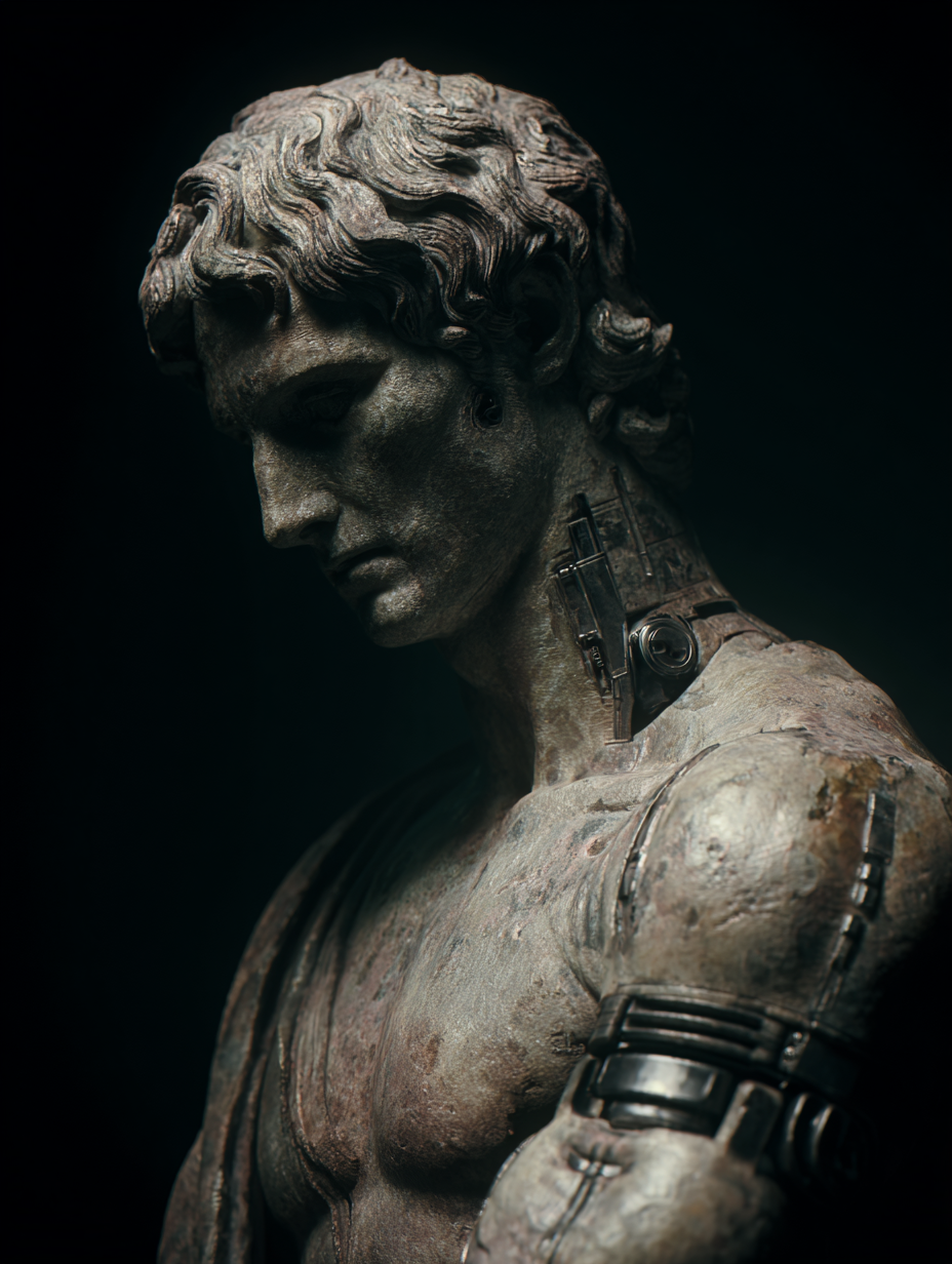 Close-up of a classical statue with detailed curly hair and mechanical elements on the neck and arm, set against a dark background.