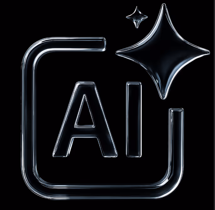 Glossy black icon of letters 'AI' framed by a rounded square with two star-like sparkles above.