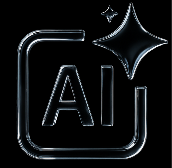 Glossy black icon of letters 'AI' framed by a rounded square with two star-like sparkles above.