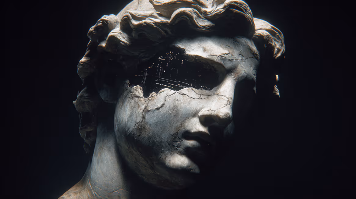 Close-up of a cracked classical marble statue head with a hollow eye socket revealing a dark, circuit-like interior.