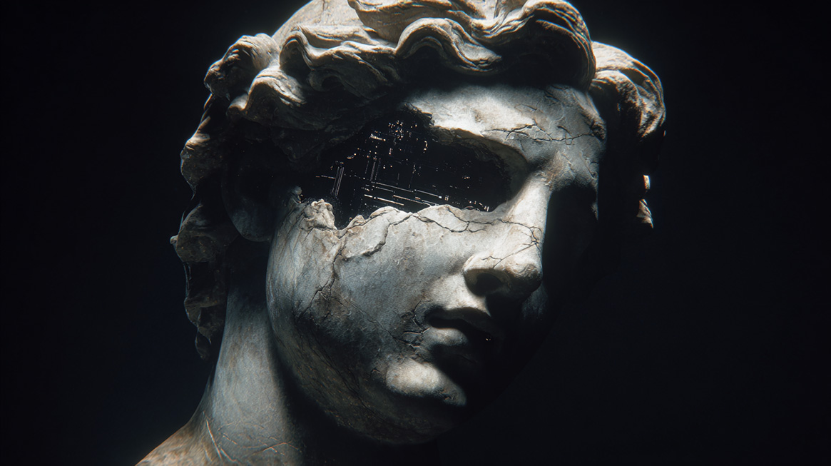 Close-up of a cracked classical marble statue head with a hollow eye socket revealing a dark, circuit-like interior.
