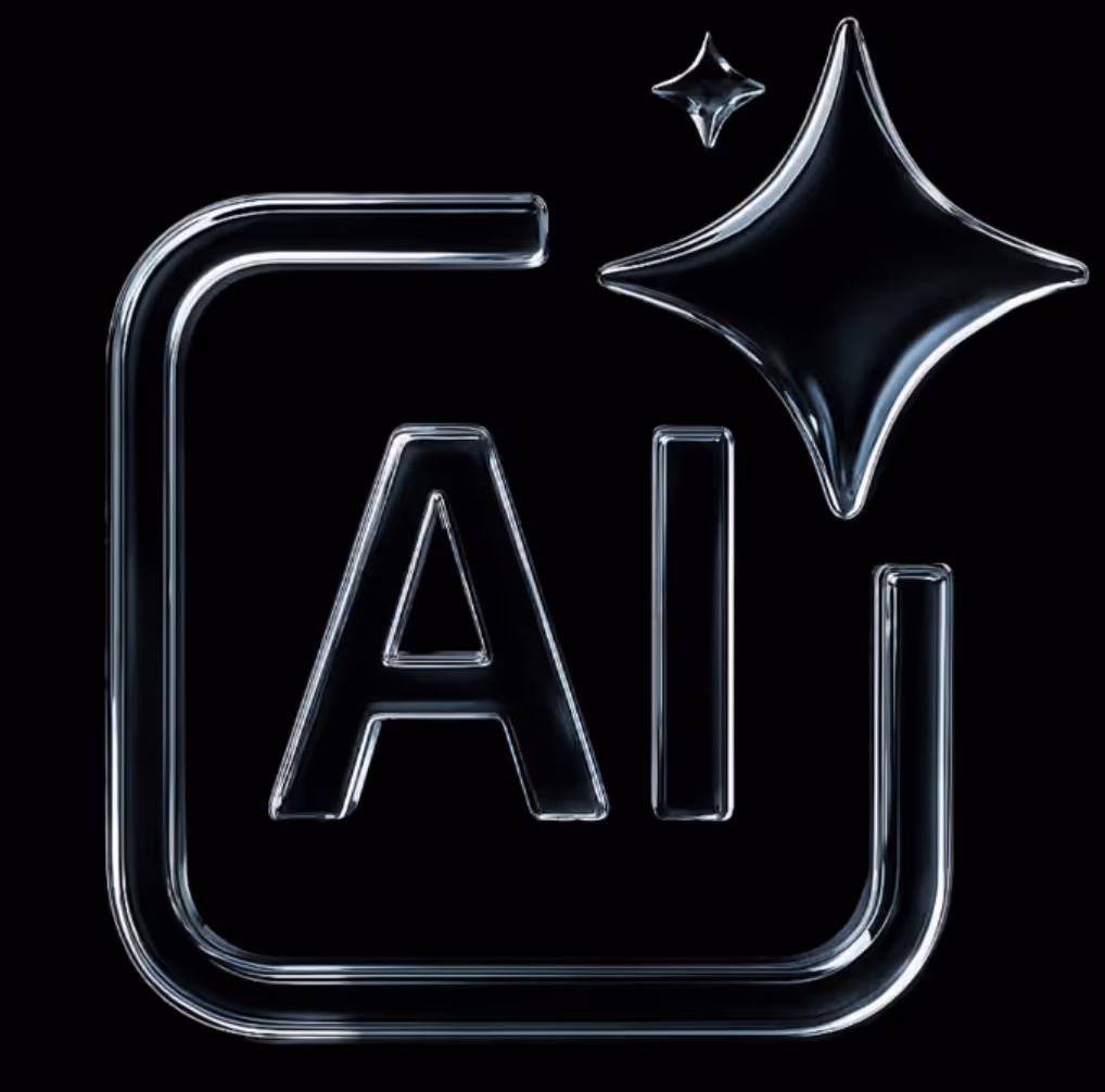 Shiny translucent icon with the letters 'AI' surrounded by a rounded square and two sparkles on a black background.