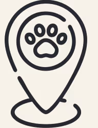 Black line drawing of a location pin with a paw print inside.