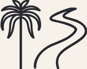 Simple black line drawing of a palm tree next to a winding river or path on a light background.