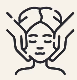 Line drawing of hands gently massaging a person's temples and forehead.
