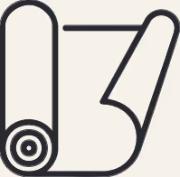 Stylized black line drawing of a rolled-up yoga mat and a folded towel on a light background.