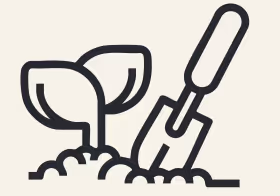 Icon of a small plant sprouting from soil next to a garden trowel.