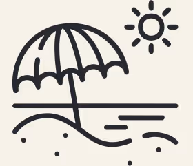 Minimalist icon of a beach umbrella on sand with sun in the sky.