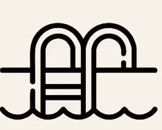 Simple black line illustration of a swimming pool ladder partially submerged in water.