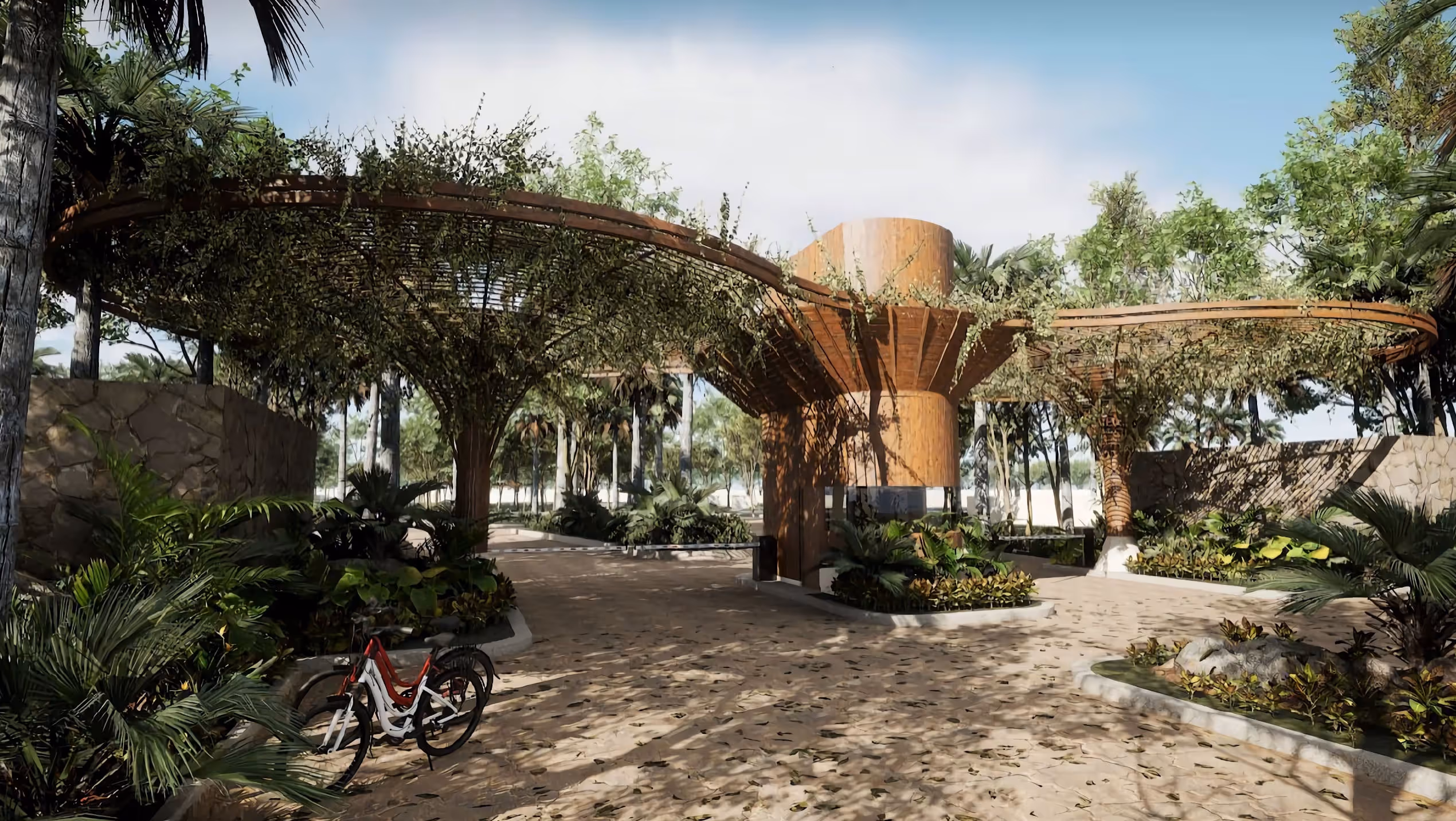 Bicycle parked on a stone pathway under a wooden pergola with vines in a lush tropical garden.