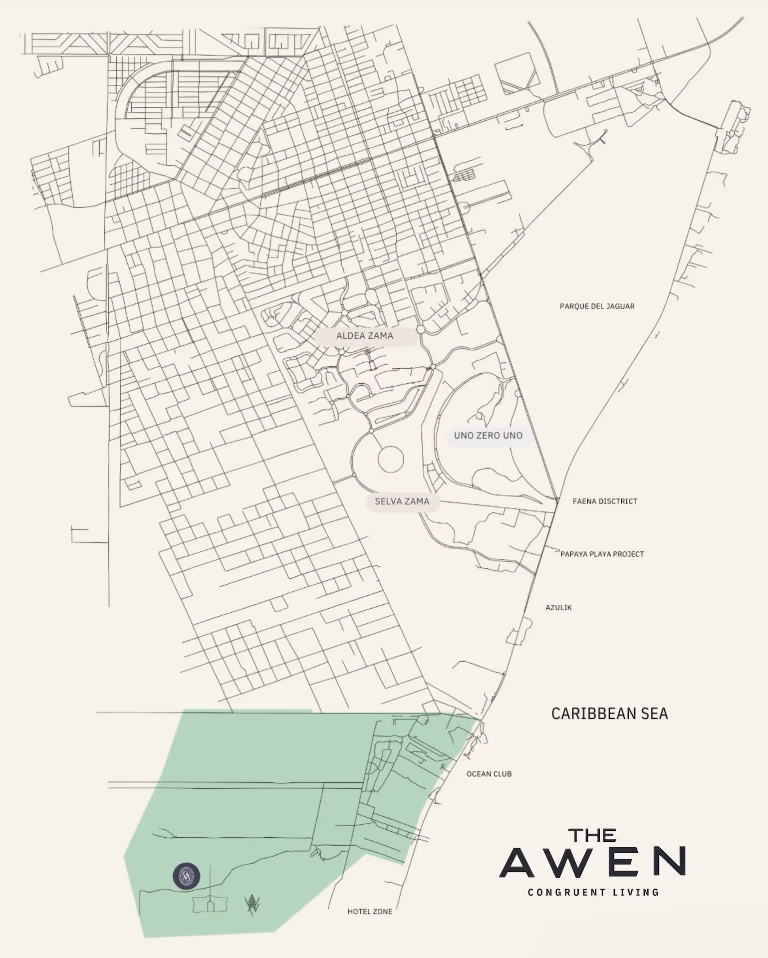Map showing The Awen area near the Caribbean Sea with labeled zones including Aldea Zama, Selva Zama, Uno Zero Uno, Parque del Jaguar, Faena District, Papaya Playa Project, Azulik, Ocean Club, and Hotel Zone, with The Awen logo and tagline 'Congruent Living' at the bottom right.