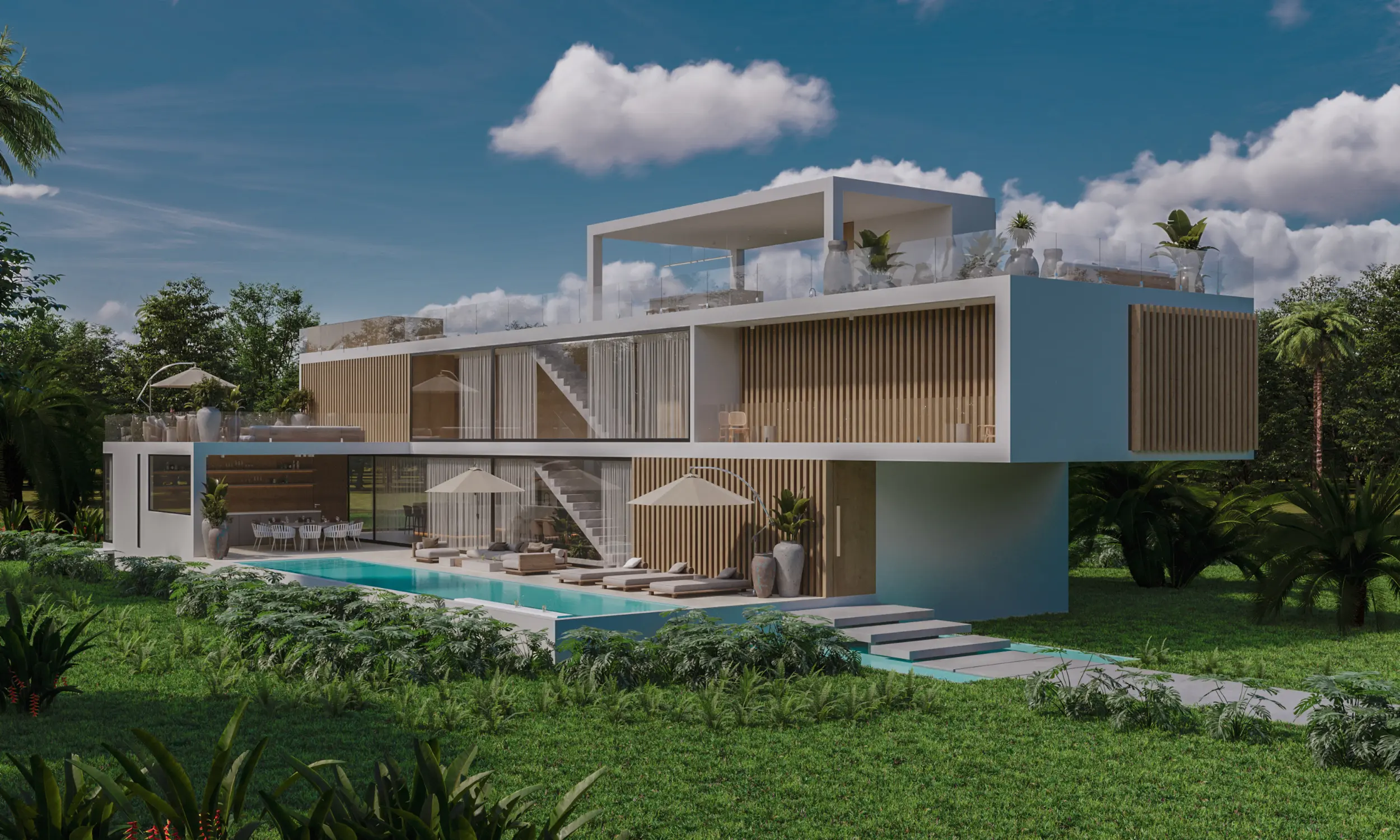 Modern two-story house with wooden accents, large glass windows, rooftop terrace, outdoor pool, patio loungers, and lush green lawn under a partly cloudy blue sky.