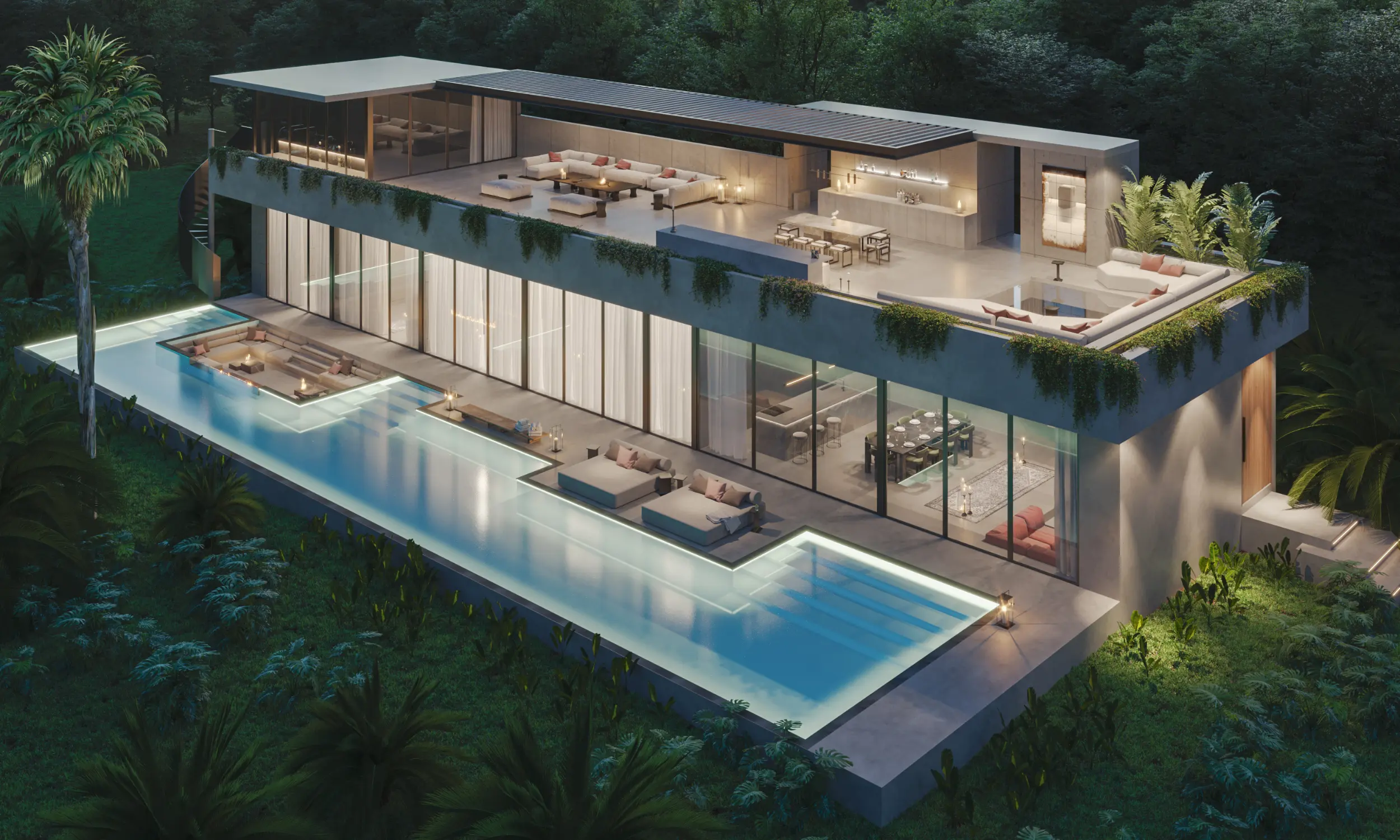 Modern two-story house at dusk with a large illuminated pool, outdoor seating areas, and greenery surrounding the property.