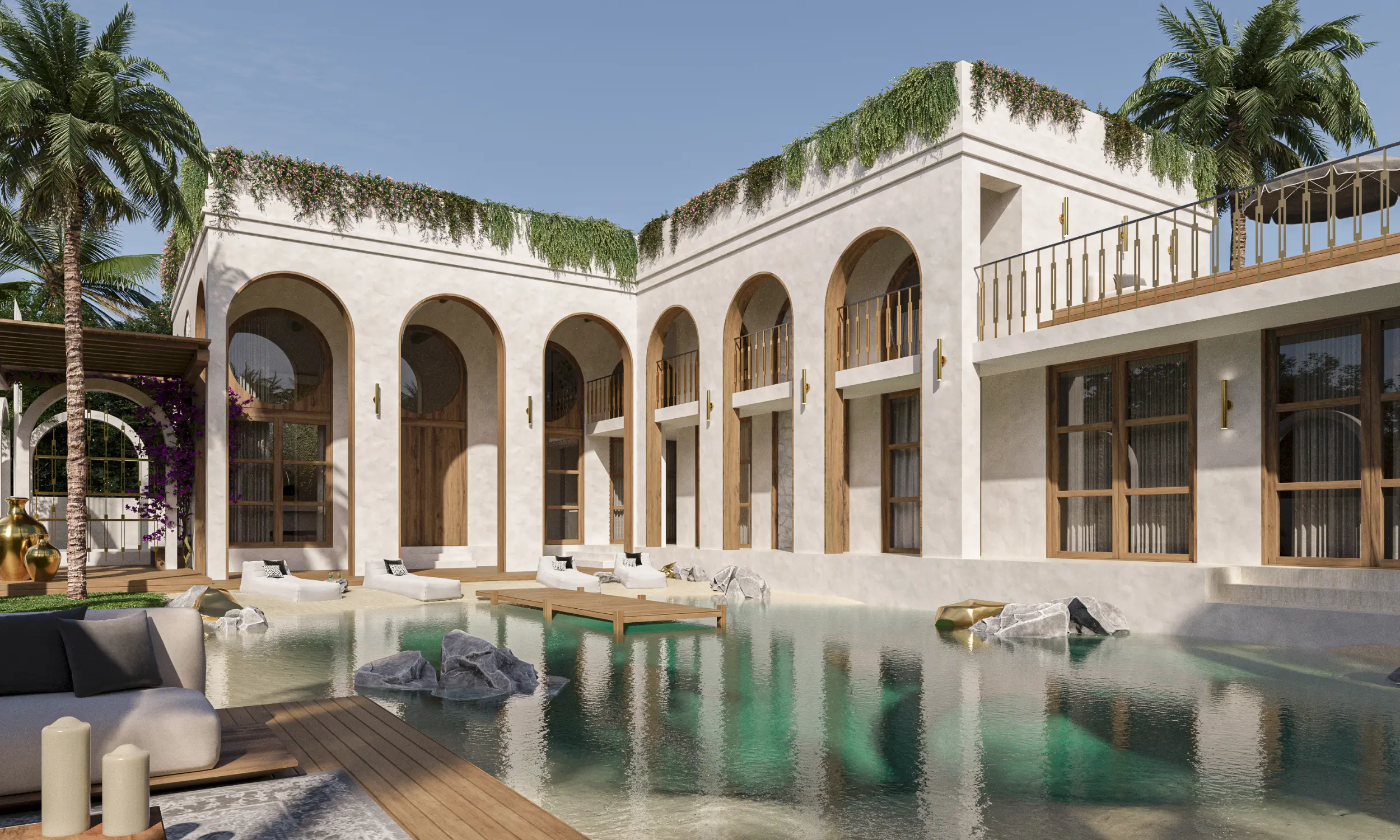Modern villa with arched windows, rooftop greenery, and a pool surrounded by loungers and palm trees under a clear sky.