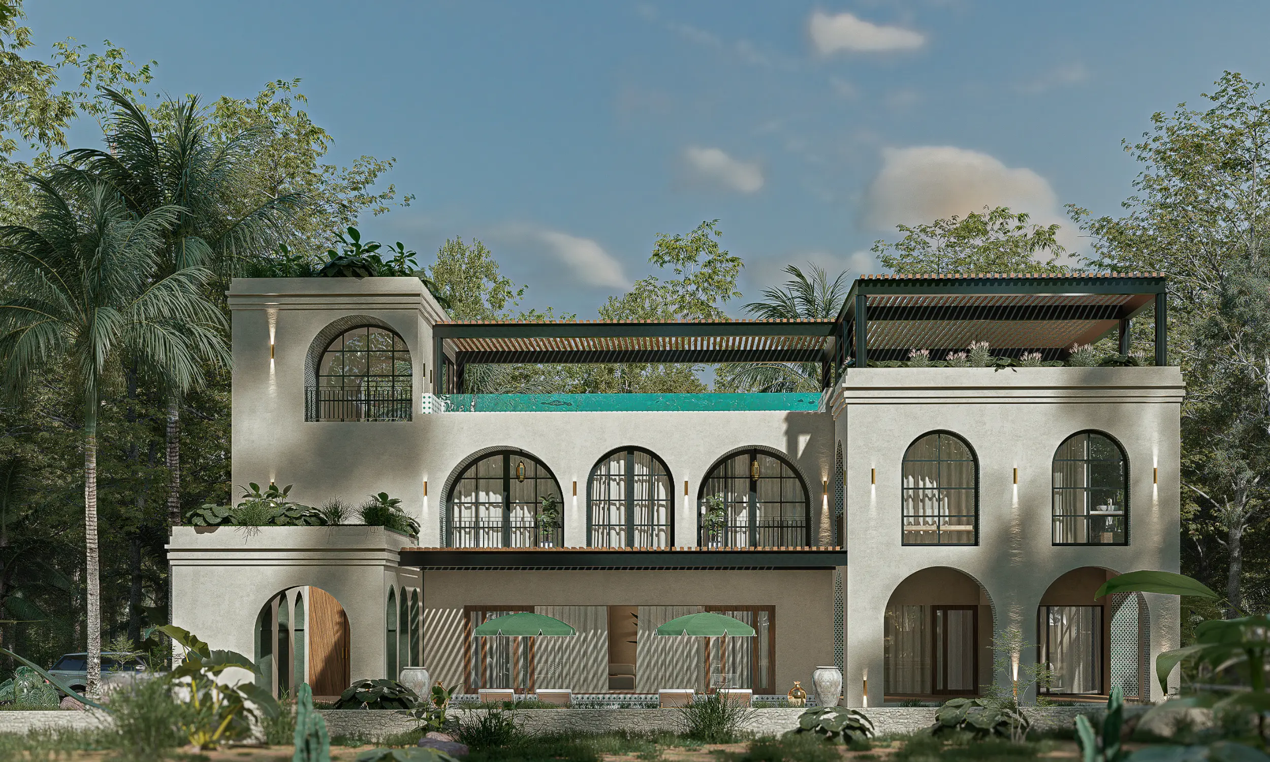 Modern two-story house with arched windows, rooftop pool, and green umbrellas on the patio, surrounded by trees.