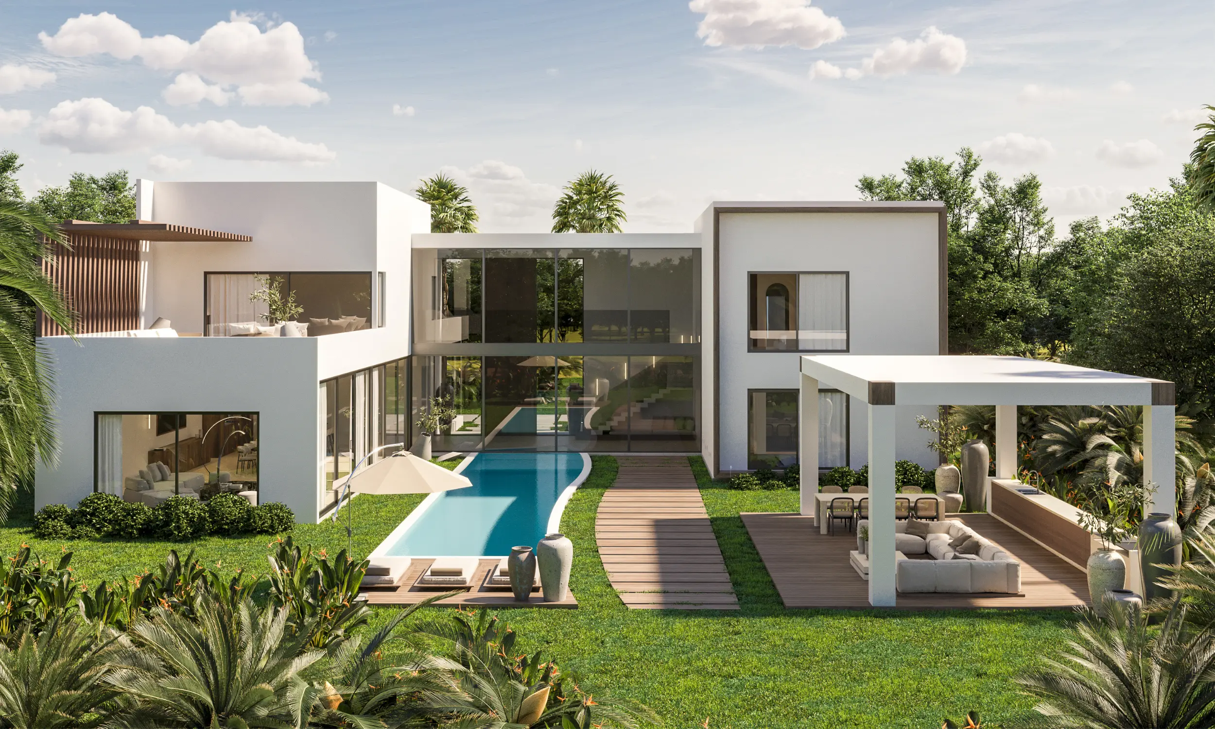 Modern two-story house with large glass windows, a curved swimming pool, wooden deck, and outdoor seating area with umbrella and pergola.