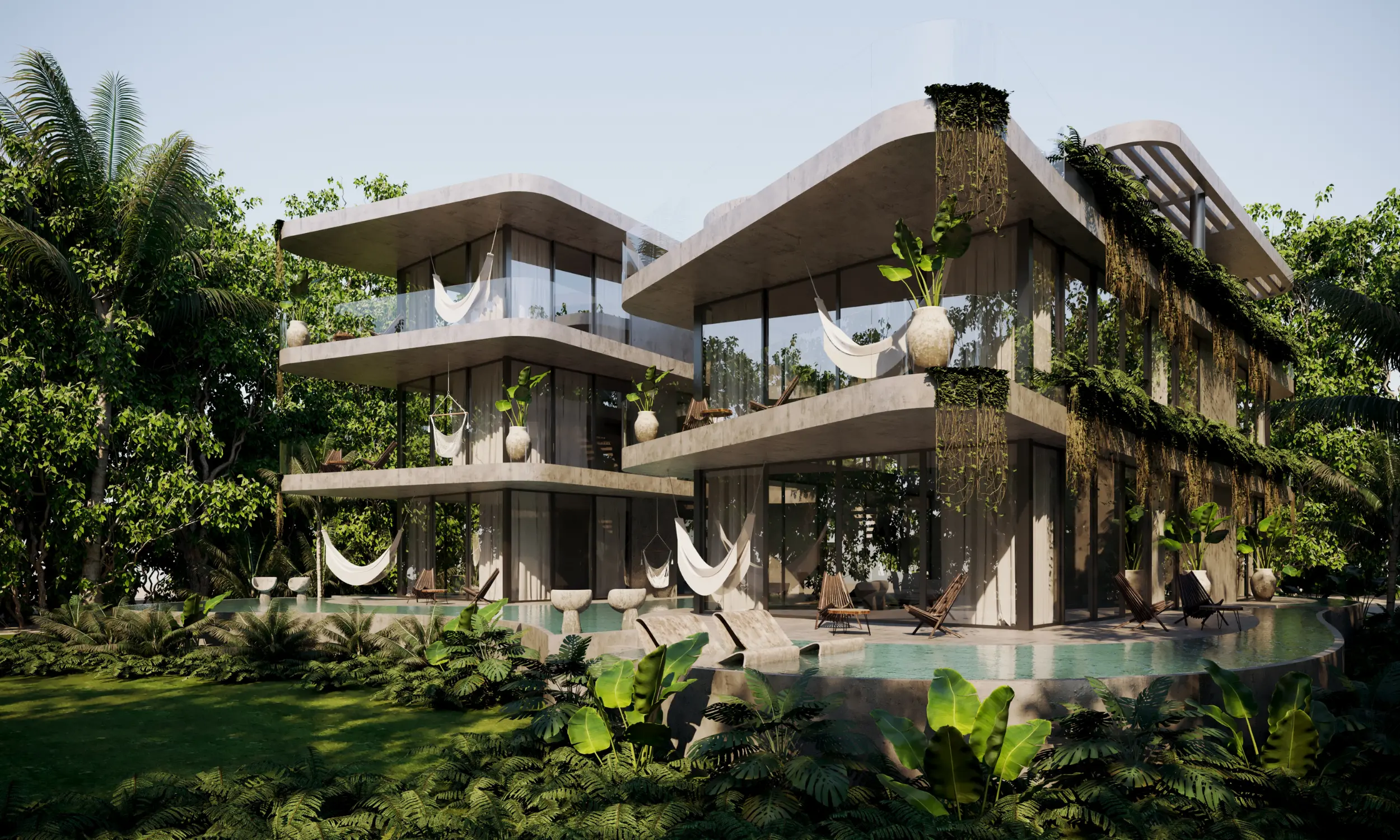 Modern two-story house with curved concrete balconies, hanging hammocks, glass walls, surrounded by lush greenery and a shallow pool with lounge chairs.